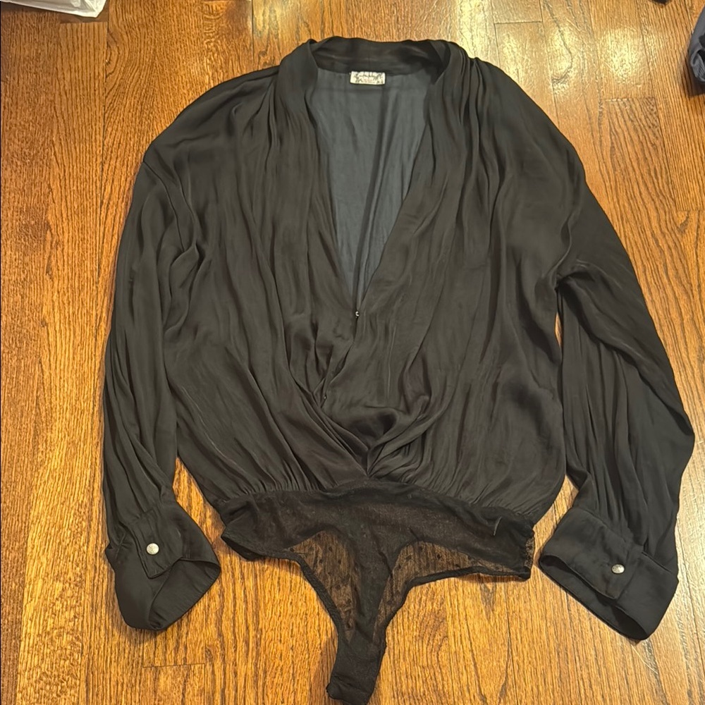 Free People Black Wrap Bodysuit Long Sleeve